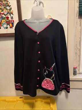 Michael Simon Black Cardigan with Pink Trim & Sequin Purse and Makeup Motif